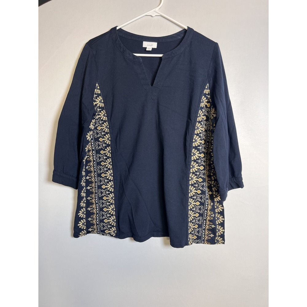 J. Jill Embroidered Jersey Top Blouse Women's L Navy  3/4 Sleeve Boho Casual